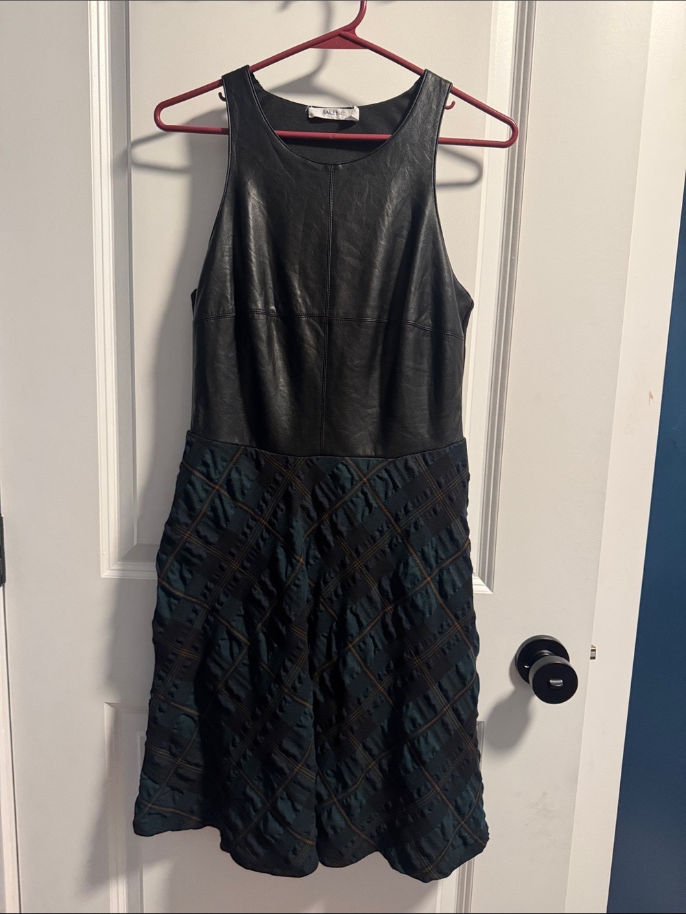 Bailey 44 Black Faux Leather Bodice with Dark Navy Textured Skirt Dress